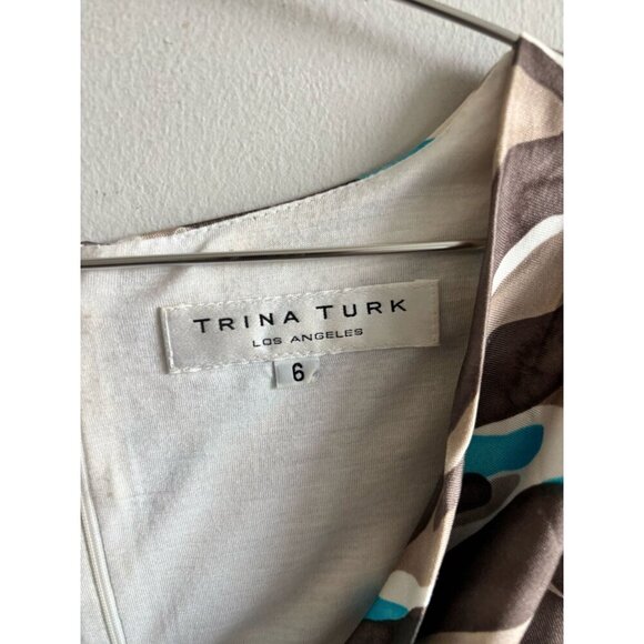Trina Turk Womens Abstract Print Draped Silk Dress Blue Brown White Size 6 - Picture 7 of 8